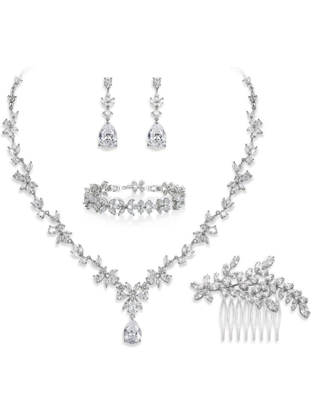 Elegant Cubic Zirconia Flower Leaf Bridal Jewelry Set - Perfect Wedding
